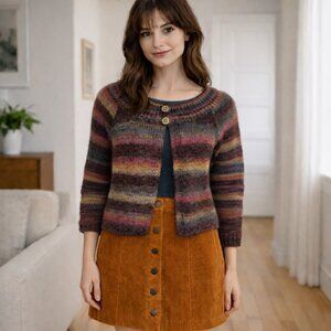 Hand knit softly striped cardigan with 3/4 length sleeves - fits like a S